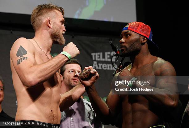 Opponents Alexander Gustafsson of Sweden and Anthony Johnson of the United States face off during the UFC Fight Night Weigh-ins at the Hovet Arena on...