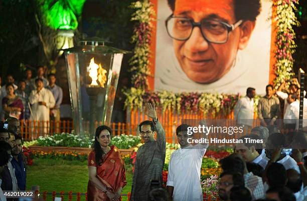 Shiv Sena Chief Uddhav Thackeray with his wife Rashmi Thackeray and son Aditya Thackeray inaugurate firelight at Shivaji Park on the occasion of Late...