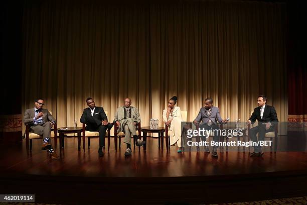 Jeff Johnson, Lyriq Bent, Louis Gossett Jr., Aunjanue Ellis, Clement Virgo and Damon D'Oliveira attend "The Book of Negroes" screening reception at...
