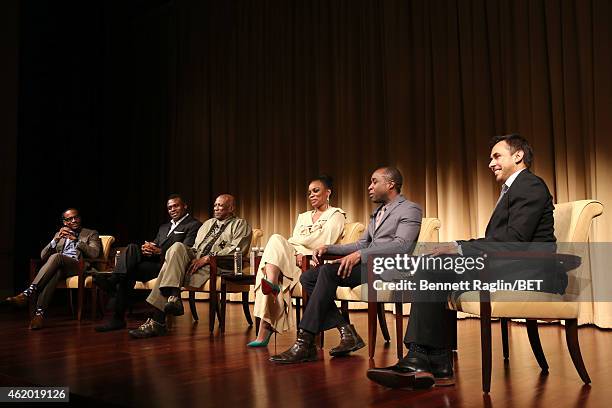 Jeff Johnson, Lyriq Bent, Louis Gossett Jr., Aunjanue Ellis, Clement Virgo and Damon D'Oliveira attend "The Book of Negroes" screening reception at...