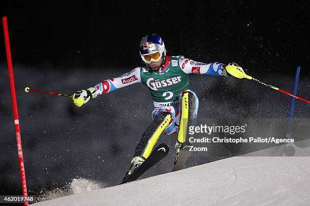 Alexis Pinturault of France takes the 1st place during the Audi FIS Alpine Ski World Cup Men's Super-G on January 23, 2015 in Kitzbuehel, Austria.