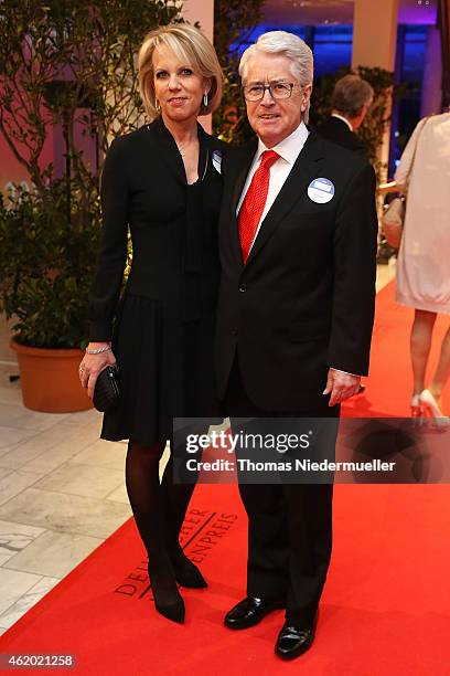 Frank Elstner and his wife Britta Gessler arrive the red carpet during the German Media Award 2014 on January 23, 2015 in Baden-Baden, Germany.