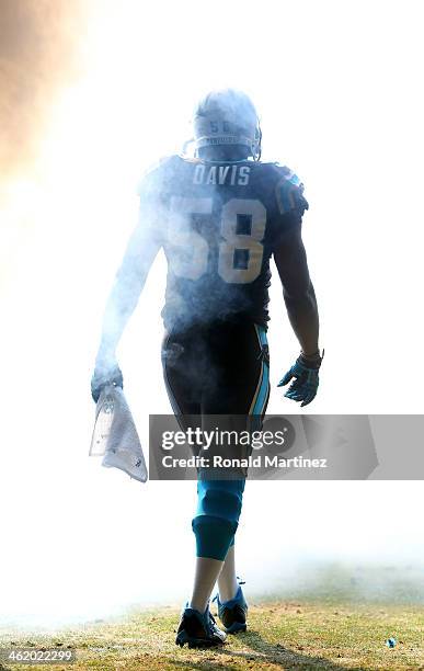 Thomas Davis of the Carolina Panthers runs onto the field during player introductions against the San Francisco 49ers during the NFC Divisional...