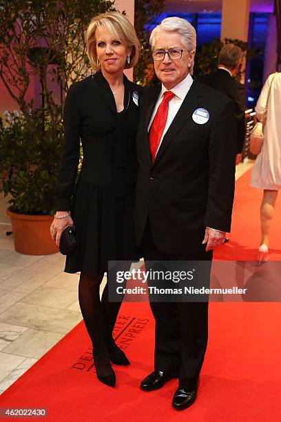 Frank Elstner and his wife Britta Gessler arrive the red carpet during the German Media Award 2014 on January 23, 2015 in Baden-Baden, Germany.