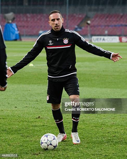 Bayern Munchen's French forward Franck Ribery kicks a ball during a training session at the San Paolo stadium in Naples on October 17 a day before...