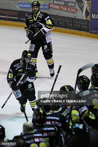 Stavanger's Jean-Michel Daoust celebrates after scoring a goal during a final Continental Cup Hockey League match between Asiago and Stavanger on...