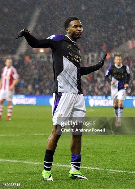 Daniel Sturridge of Liverpool celebrates after scoring the fifth goal during the Barclays Premier Leauge match between Stoke City and Liverpool at...