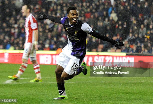 Daniel Sturridge of Liverpool celebrates after scoring the fifth goal during the Barclays Premier Leauge match between Stoke City and Liverpool at...