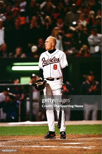 Cal Ripken of the Baltimore Orioles acknowledges the crowd against the Boston Red Sox at Oriole Park at Camden Yards on October 6, 2001 in Baltimore,...