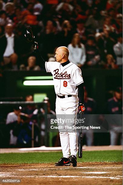 Cal Ripken of the Baltimore Orioles acknowledges the crowd against the Boston Red Sox at Oriole Park at Camden Yards on October 6, 2001 in Baltimore,...