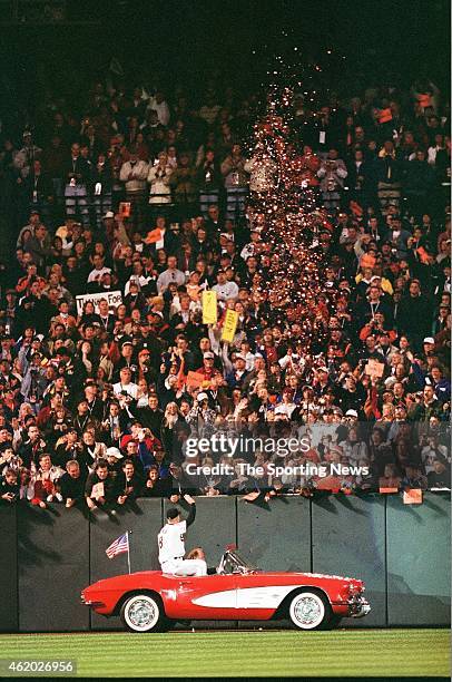 Cal Ripken of the Baltimore Orioles acknowledges the crowd against the Boston Red Sox at Oriole Park at Camden Yards on October 6, 2001 in Baltimore,...