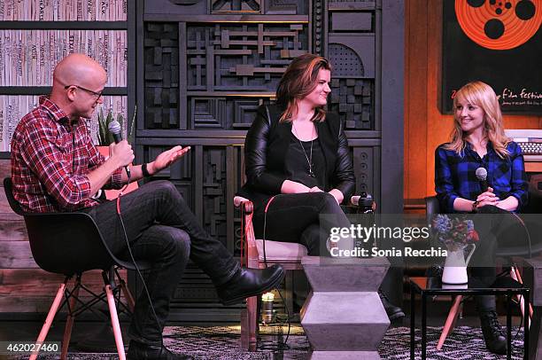 Writer Logan Hill, director Leslye Headland and actress Melissa Rauch speak onstage at the Cinema Cafe during the 2015 Sundance Film Festival at...