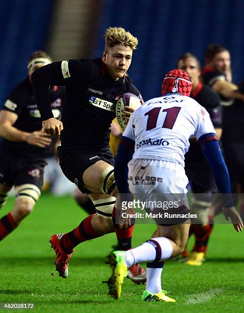 David Denton of Edinburgh Rugby is tackled by Paulin Riva of Bordeaux-Begles during the European Rugby Challenge Cup Pool 4 match, between Edinburgh...