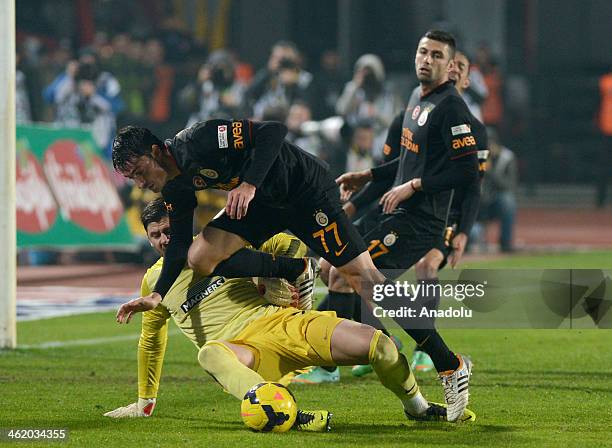 Albert Riera of Galatasaray and Lukasz Zaluska of Celtic in action during Galatasaray-Celtic match under Turkish Airlines Antalya Cup in Antalya,...