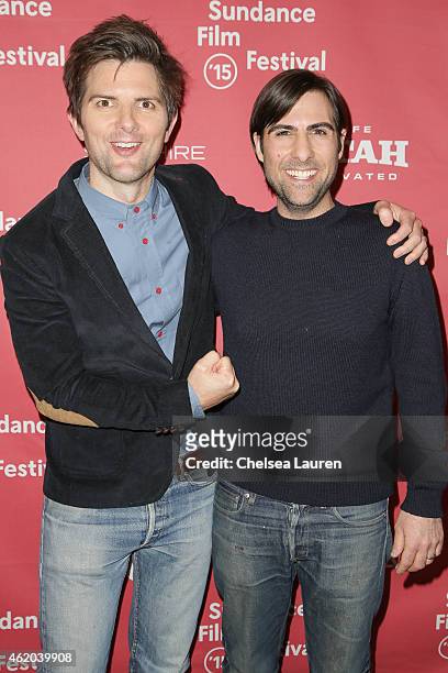 Actors Adam Scott and Jason Schwartzman arrive at "The Overnight" premiere during the 2015 Sundance Film Festival on January 23, 2015 in Park City,...