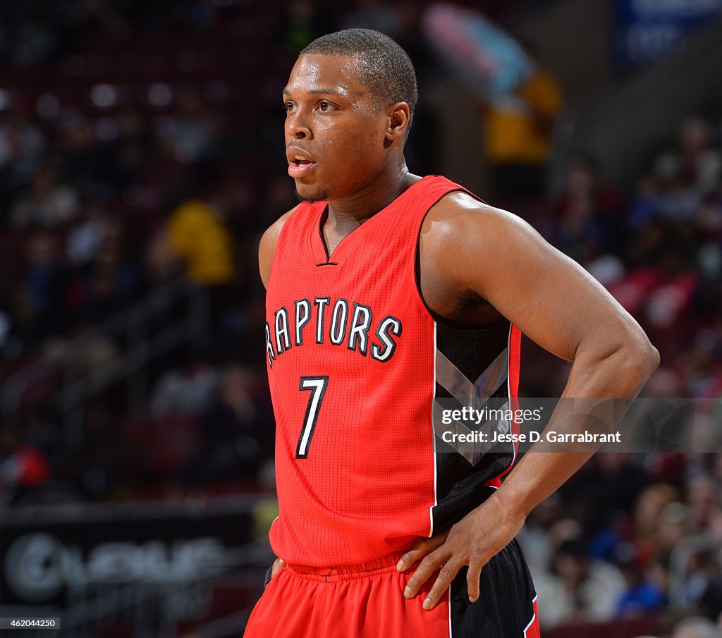 Lowry Raptor Kyle Lowry of the Toronto Raptors looks on against the Philadelphia ...