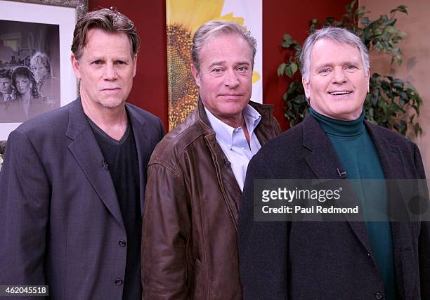 Actors Al Corley, John James and Gordon Thomson photographed on the set of "Dynasty" Reunion on "Home & Family" at Universal Studios Backlot on...