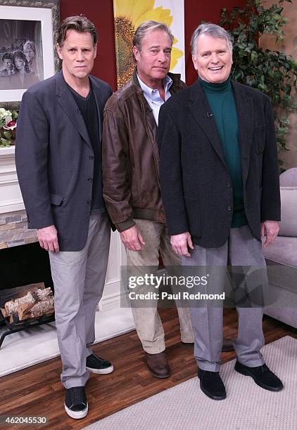 Actors Al Corley, John James and Gordon Thomson photographed on the set of "Dynasty" Reunion on "Home & Family" at Universal Studios Backlot on...