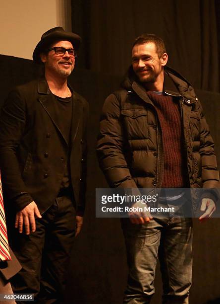 Executive producer Brad Pitt and actor James Franco attend the "True Story" Premiere during the 2015 Sundance Film Festival at The Marc Theatre on...