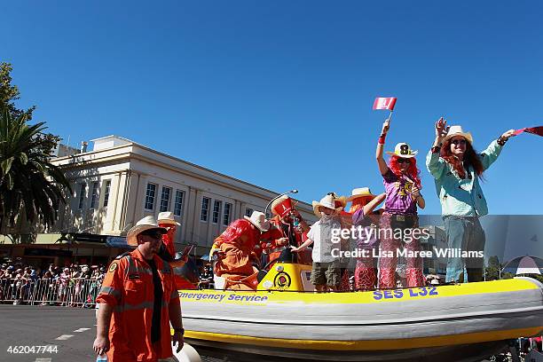 Participants take part in the 43rd Tamworth Country Music Festival Calvalcade along Peel Street on January 24, 2015 in Tamworth, Australia. Over 80...