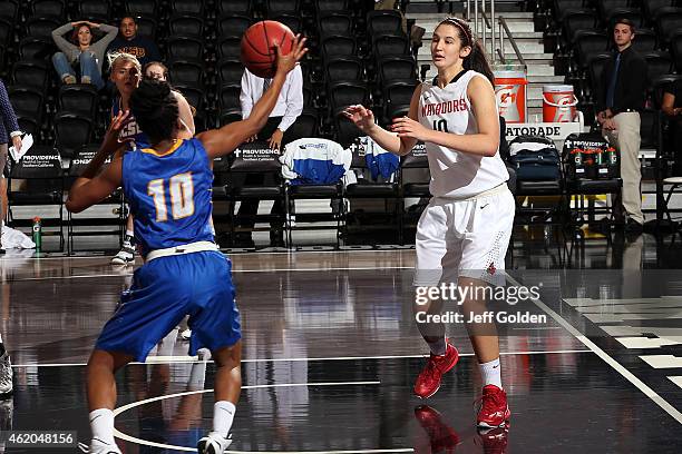 Tessa Boagni of the CSUN Matadors watches the steal by Onome Jemerigbe of the UC Santa Barbara Gauchos in the first half at The Matadome on January...