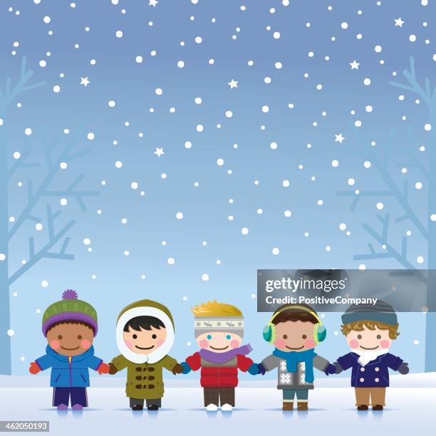 winter boys - hispanic elementary students stock illustrations