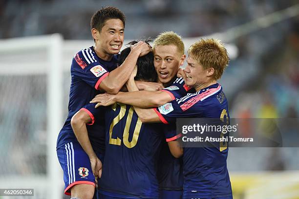 Japan celebrate a goal by Gaku Shibasaki against the United Arab Emirates during the 2015 Asian Cup Quarter Final match between Japan and the United...