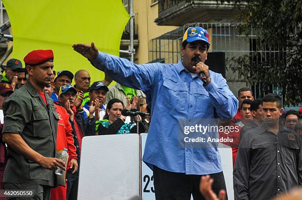 Venezuelan President Nicolas Maduro gives a speech during the March of the Undefeated to commemorate the 57th anniversary of the overthrow of the...