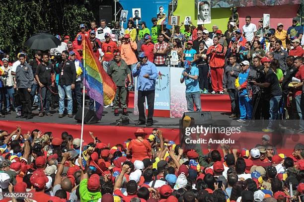 Venezuelan President Nicolas Maduro gives a speech during the March of the Undefeated to commemorate the 57th anniversary of the overthrow of the...