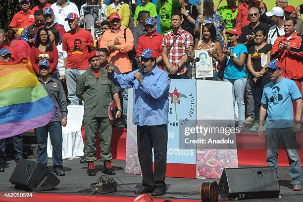 Venezuelan President Nicolas Maduro gives a speech during the March of the Undefeated to commemorate the 57th anniversary of the overthrow of the...