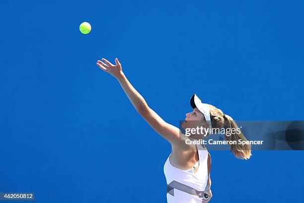 Kaylah McPhee of Australia serves in her match against Shilin Xu of China during the Australian Open 2015 Junior Championships at Melbourne Park on...