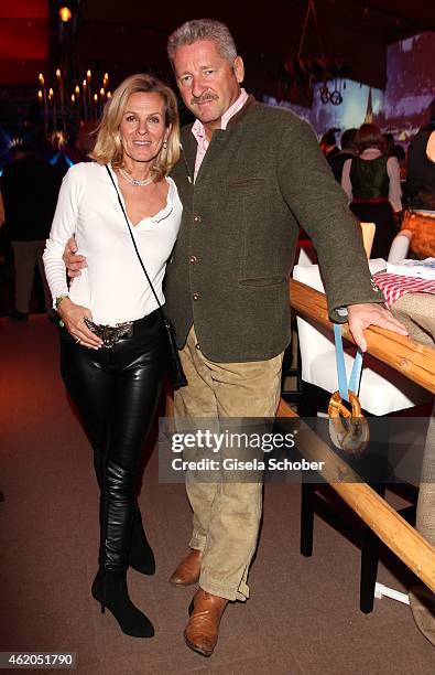 Andrea L'Arronge and her husband Charly Reichenwallner during the Weisswurstparty at Hotel Stanglwirt on January 23, 2015 in Going, Austria.