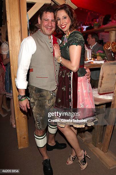 Designer Lola Paltinger and her boyfriend Andreas Meister during the Weisswurstparty at Hotel Stanglwirt on January 23, 2015 in Going, Austria.