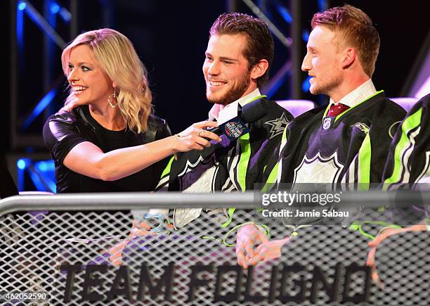 Host Kathryn Tappen speaks to Tyler Seguin of the Dallas Stars and Steven Stamkos of the Tampa Bay Lightning and Team Foligno during the NHL All-Star...