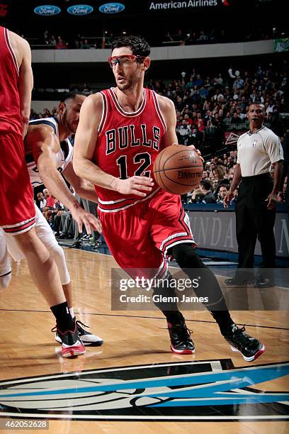 Kirk Hinrich of the Chicago Bulls drives against the Dallas Mavericks on January 23, 2015 at the American Airlines Center in Dallas, Texas. NOTE TO...