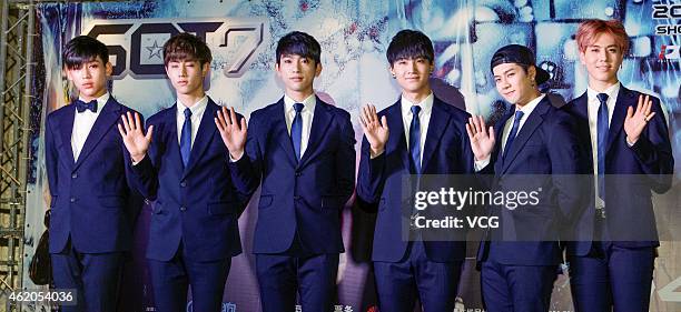 Of South Korea GOT 7 attend press conference held for their concert's debut on January 23, 2015 in Shanghai, China.