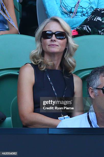 Media personality Livinia Nixon watches the first round match between Stanislas Wawrinka of Switzerland and Jarkko Nieminen of Finland during day six...