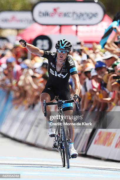 Australian cyclist Richie Porte of Team Sky celebrates after winning Stage 5 of the 2015 Santos Tour Down Under on January 24, 2015 in Adelaide,...