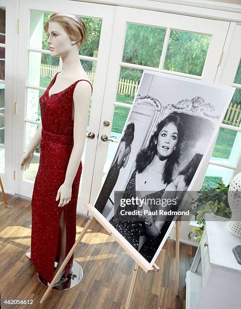 An on set still of Pamela Sue Martin next to a dress worn by the actress on the series photographed on the set of "Dynasty" Reunion on "Home &...