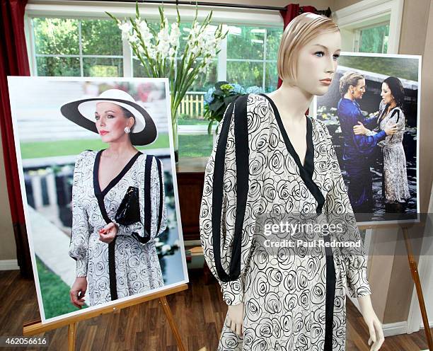 On-set stills and a dress worn by actress Joan Collins photographed on the set of "Dynasty" Reunion on "Home & Family" at Universal Studios Backlot...