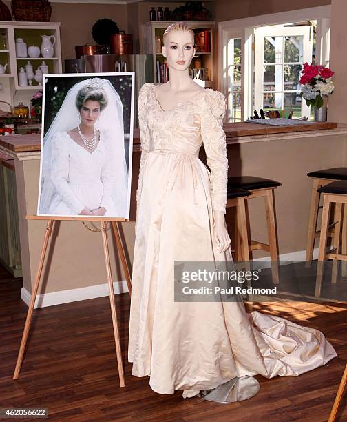 An on-set still and a dress worn by actress Pamela Pamela Bellwood photographed on the set of "Dynasty" Reunion on "Home & Family" at Universal...