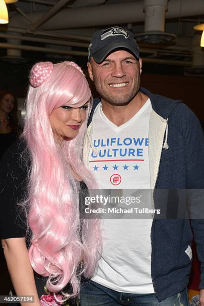 Actress Mindy Robinson and MMA fighter Randy Couture attend the "King of the Nerds" Season 3 Premiere Launch Party on January 23, 2015 in Encino,...