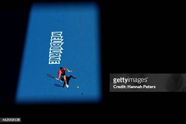 Madison Brengle of the United States plays a forehand in her third round match against Coco Vandeweghe of the United States during day six of the...