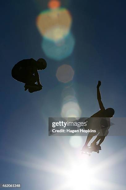 Rollerblader and skateboarder perform during Nitro Circus Live at Westpac Stadium on January 24, 2015 in Wellington, New Zealand.