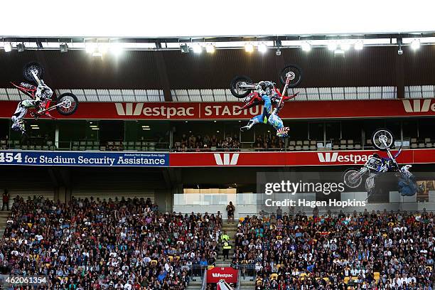 Riders perform during Nitro Circus Live at Westpac Stadium on January 24, 2015 in Wellington, New Zealand.