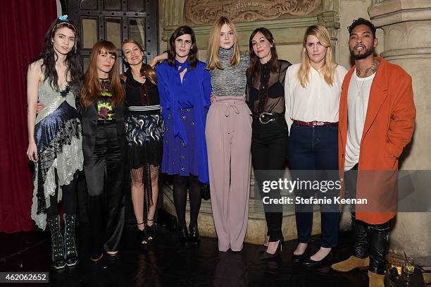 Grimes, Jenny Lewis, Joanna Newsom, Laura Mulleavy, Elle Fanning, Gia Coppola, Kate Mulleavy and Miguel attend Rodarte x Superga Dinner Hosted By Gia...