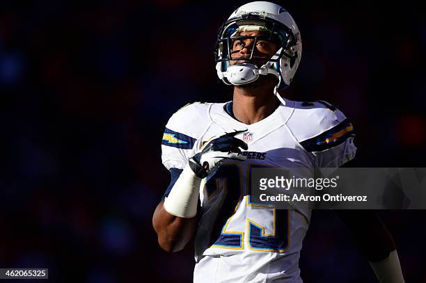 San Diego Chargers defensive back Darrell Stuckey before the start of the game. The Denver Broncos take on the San Diego Chargers at Sports Authority...