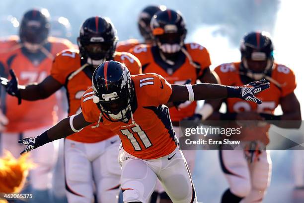 Trindon Holliday of the Denver Broncos runs on the field prior to their AFC Divisional Playoff Game against the San Diego Chargers at Sports...