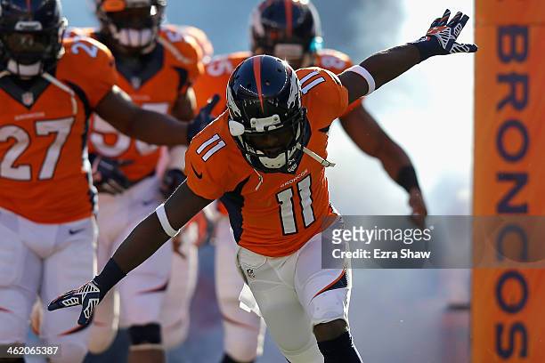 Trindon Holliday of the Denver Broncos runs on the field prior to their AFC Divisional Playoff Game against the San Diego Chargers at Sports...