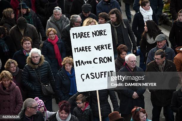 People demonstrate against the extraction of shell sand in Lannion bay by CAN Society on January 24, 2015 in the western city on Lannion. The board...